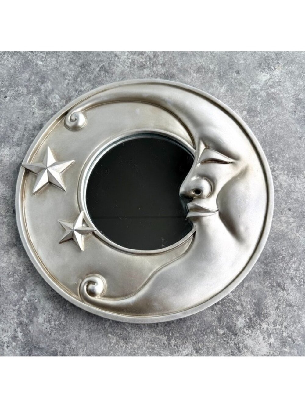 Vintage Celestial Moon Face Mirror With Stars Round Wall Hanging Silver 11"